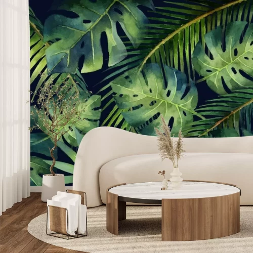 Fotobehang Aquarelcompositie van exotische bladeren