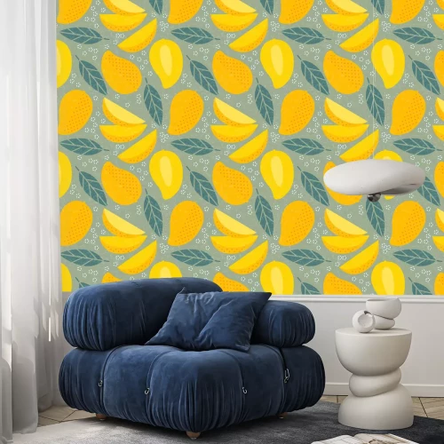 Behang Gesneden mangobladeren en bloemen