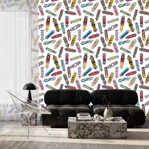 Behang Gekleurd naadloos patroon met diverse skateboards