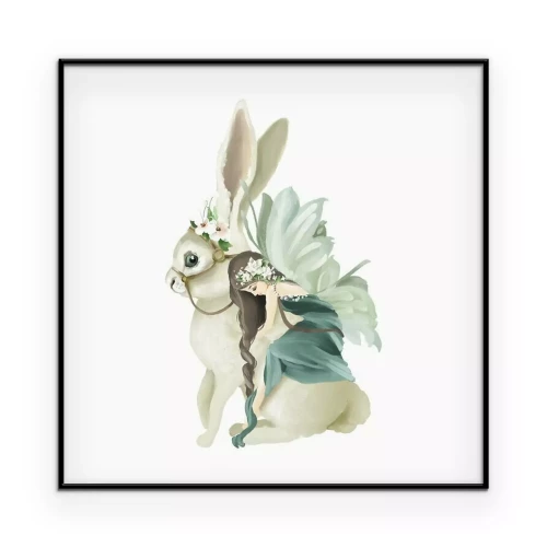 Poster Een fee die op een konijn zit.