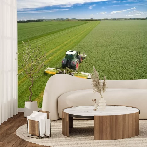 Fotobehang Moderne tractor die aan het landbouwgebied werkt - tractor die en op het landbouwgebied ploegen zaaien - luchtmening - hoge hoogste mening