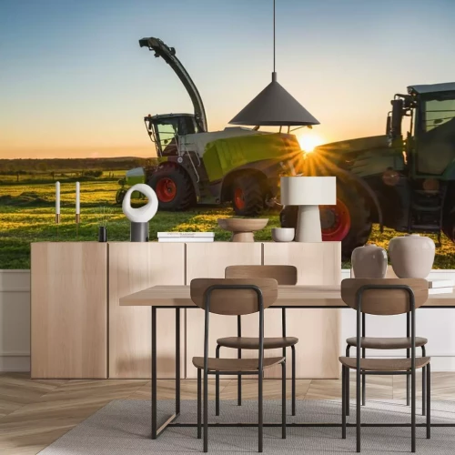 Fotobehang Tractor die landbouwkundige machines in zonnige dag werken