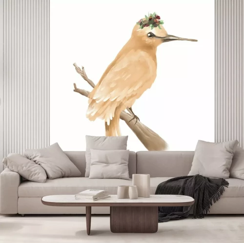 Sticker Handgeschilderde, olie getextureerde mooie vogel op tak met bloemen krans, geïsoleerd op wit