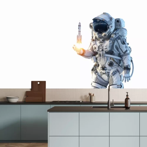Sticker Astronaut met een raket die uit zijn hand lanceert