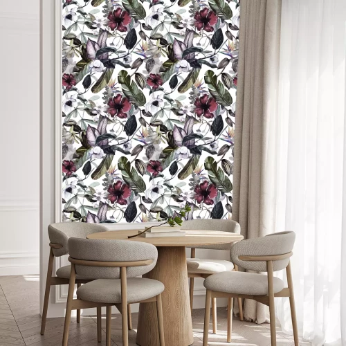 Behang Naadloos waterverfpatroon met tropische bloemen, magnolia, oranje bloem, vanilleorchidee, tropische bladeren, banaanbladeren