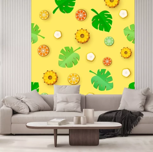 Sticker Junglebladeren en citrusvruchten in kunstpapierstijl. Naadloos tropisch patroon. Exotische tropische wildernis van de het palmmonstera van het oerwoudregenwoud heldergroene en de van de de grapefruits