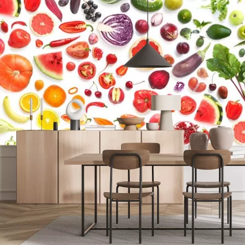 Sticker patroon van verschillende verse groenten en fruit geïsoleerd op een witte achtergrond, bovenaanzicht, plat. Samenstelling van voedsel, concept van gezond eten. Voedsel textuur.