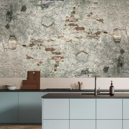 Fotobehang Bakstenen muur bedekt met beton