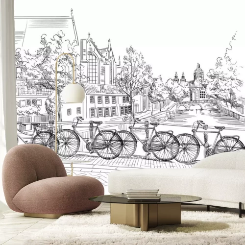 Sticker Fietsen op brug over de kanalen van Amsterdam, Nederland