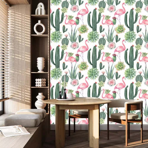 Behang Roze flamingo's tussen cactussen en vetplanten