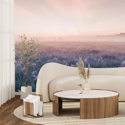 Fotobehang Een mistige zonsopgang boven een bloemenweide