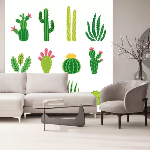 Sticker Vector set van heldere cactussen, aloë en bladeren. Verzameling van exotische planten. Decoratieve natuurlijke elementen zijn geïsoleerd op wit. Cactus met bloemen.
