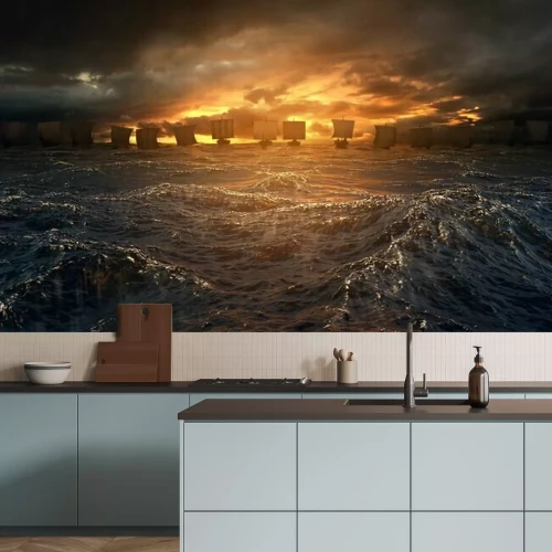 Fotobehang Vikingen schepen onder de storm.