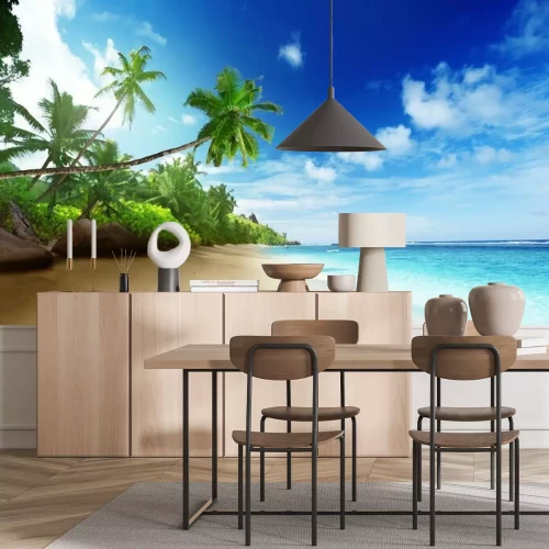 Fotobehang Zee zand en palmbomen