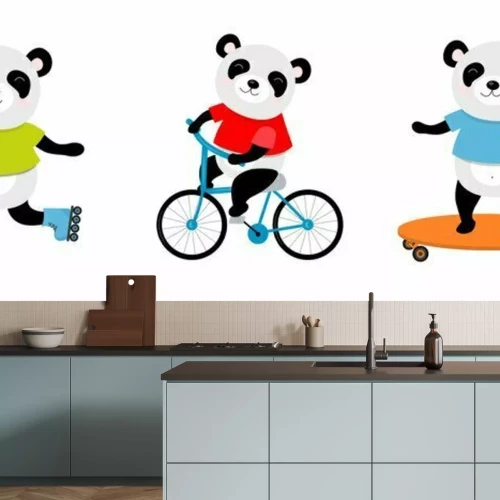 Sticker Vectorillustratie van sportieve panda op een fiets, rolschaatsen, skate. Perfect voor briefkaart, babyboek, poster, banner