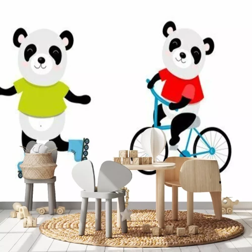 Sticker Vectorillustratie van sportieve panda op een fiets, rolschaatsen, skate. Perfect voor briefkaart, babyboek, poster, banner