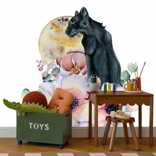 Sticker Waterverfsamenstelling met zwarte gewilde panter en bloemenpioenen, anemoon in een vorm van maan