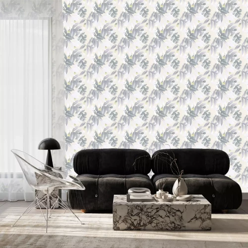 Behang Naadloos patroon, hand getrokken pastelkleur groene en witte bladeren met gele bloemen op lichtgele achtergrond