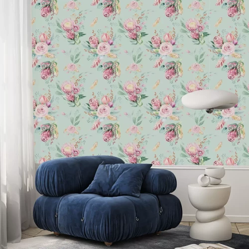 Behang Geschilderde bloemen rozen en protea