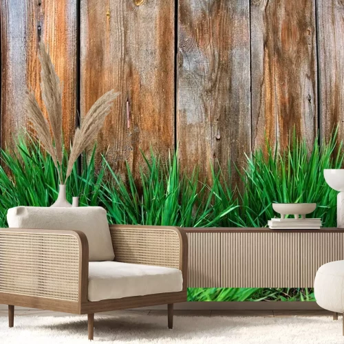 Fotobehang Gras op een achtergrond van hout
