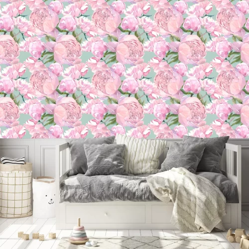 Behang Roze bloemen op een mint achtergrond
