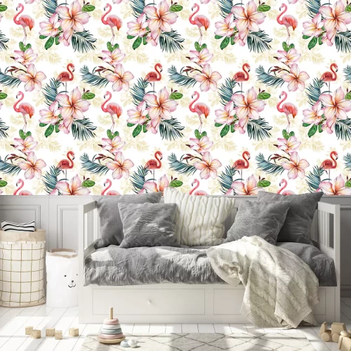 Behang Motief in felroze bloemen en flamingo's