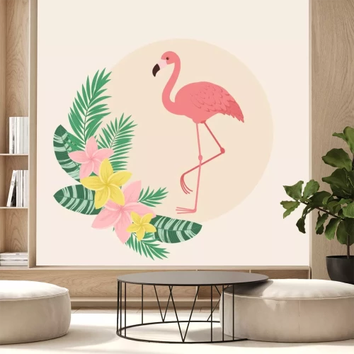 Sticker Flamingo met tropische bloemen en bladeren