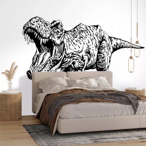 Sticker Zwart-wit tekening van een brullende dinosaurus
