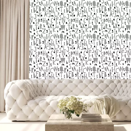 Behang Grijs en zwart patroon met alfabetletters op witte achtergrond