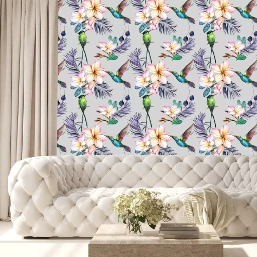 Behang Roze bloemen en vogels