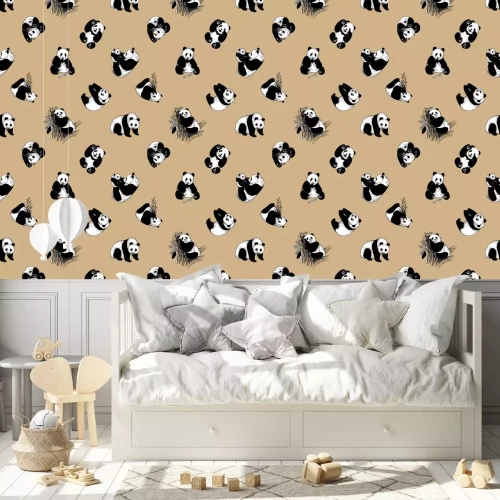 Behang Zwart-witte teddyberen op een beige achtergrond