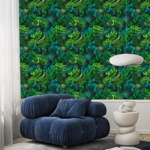 Behang Tropische bladeren op een zwarte achtergrond