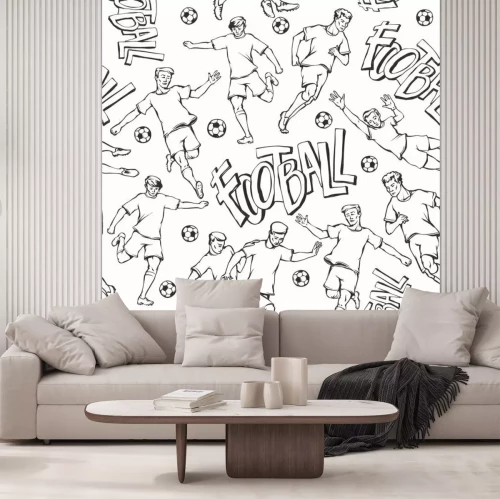 Sticker Vectorvoetbalster met het naadloze patroon van de balschets. Soccers beweging en doelman sport uniform verschillende poses en race. Zwart-witte overzichtsillustratie en inschrijving geschilderde briev