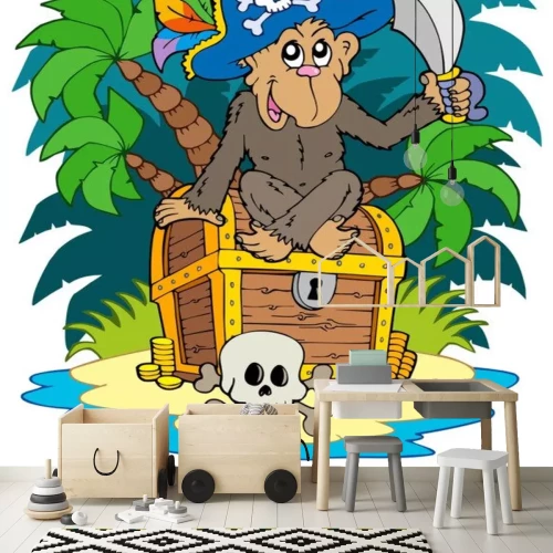 Sticker Piratenaap zittend op een schatkist