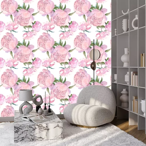 Behang Shabby chic roze rozen op een witte achtergrond