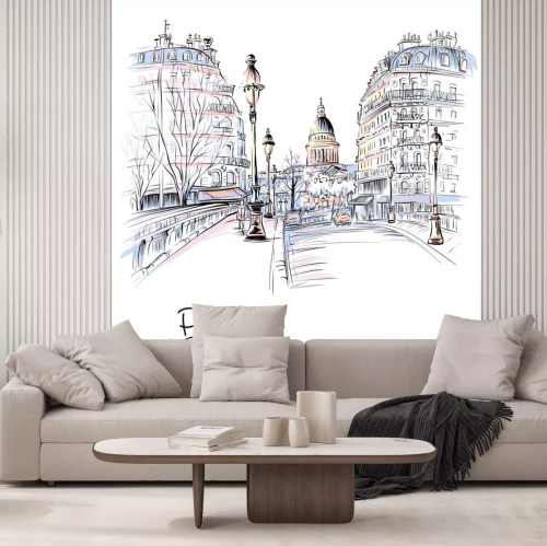 Sticker Vector hand tekenen. Brug over rivier Seine Pont Louis Philippe dichtbij Ile de La Cite in de de winterochtend, Pantheon op de achtergrond, Parijs, Frankrijk.