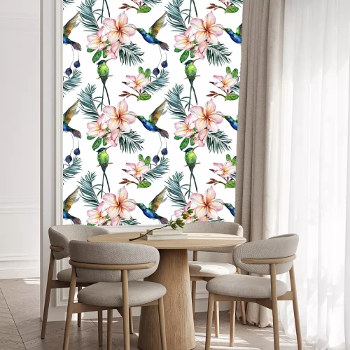 Behang Kleurrijke vogels en bloemen op een witte achtergrond