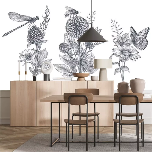 Sticker Zwart-witte bloemen en insecten