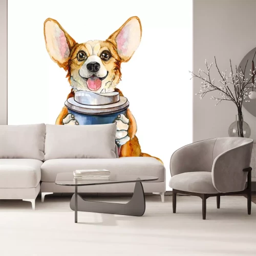 Sticker Afhaalkoffie vastgehouden door een hond