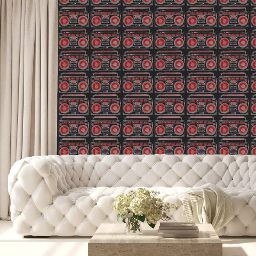 Behang Naadloze textuur met met de hand getekend boombox. Herhalende achtergrond. Tegel patroon. Ornament met old school platenspeler.