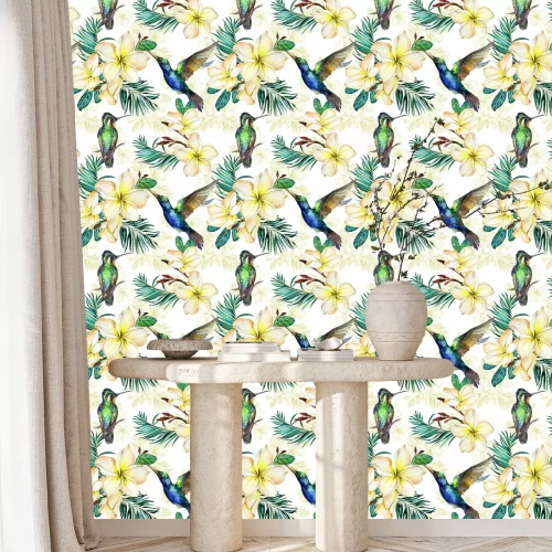 Behang Vogels en exotische bloemen