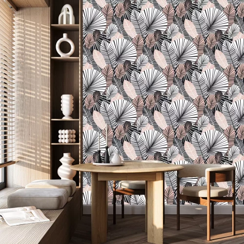 Behang Witte en roze grafische exotische bladeren