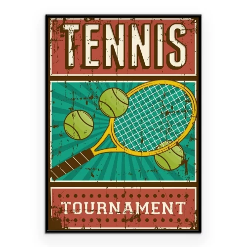 Poster Retro-afbeeldingen van een tennisracket, bal en opschrift.