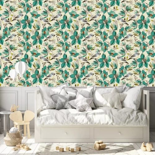 Behang Patroon met geschilderde vogels en turquoise bloemen