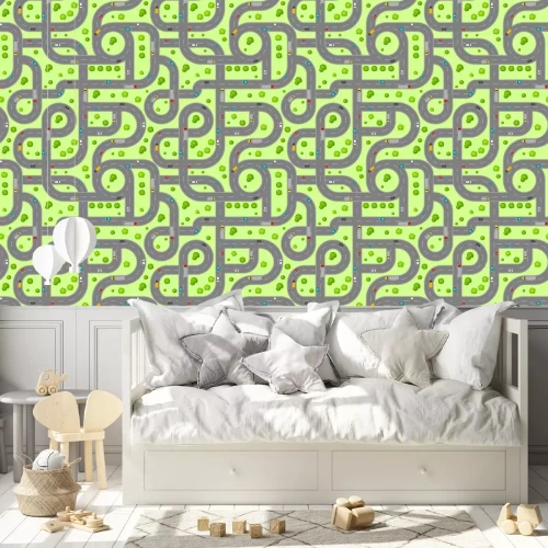 Behang Naadloze patroon bovenaanzicht van wegen.