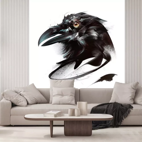 Sticker geschilderd kleurenportret van vogelkraai op witte achtergrond aan kant