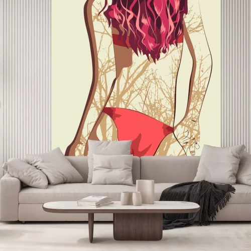 Sticker Mooi sexy fitness meisje. Vrij fit vrouw poseren. Rood badpak. Achteraanzicht. Dubbele blootstelling