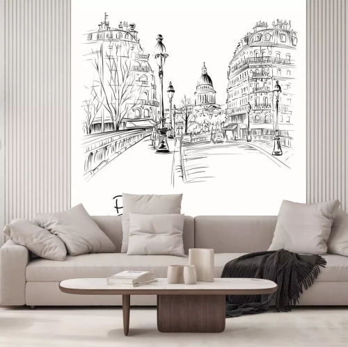 Sticker Vector zwart-witte handtekening. Brug over rivier Seine Pont Louis Philippe dichtbij Ile de La Cite in de de winterochtend, Pantheon op de achtergrond, Parijs, Frankrijk.