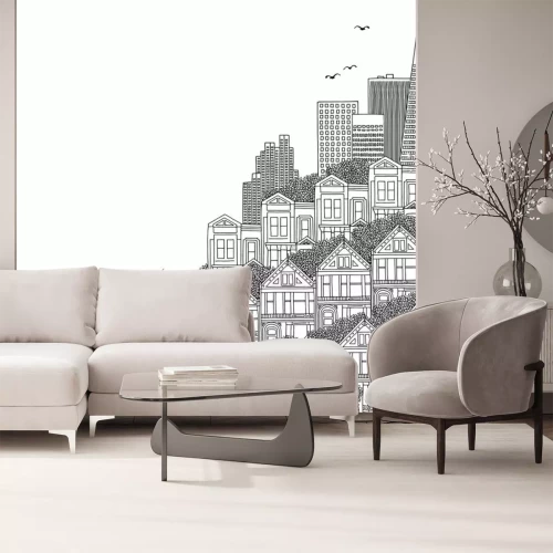 Sticker Hand getekend zwart-wit afbeelding van San Francisco met Victoriaanse huizen en lege ruimte voor tekst