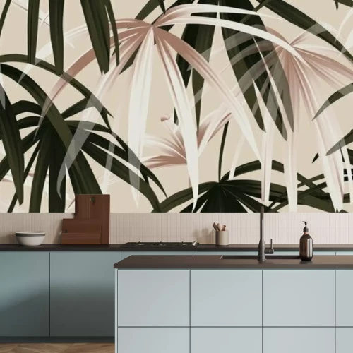 Sticker Tropische plant naadloze patroon, rose goud en groene palmbladeren op licht roze achtergrond